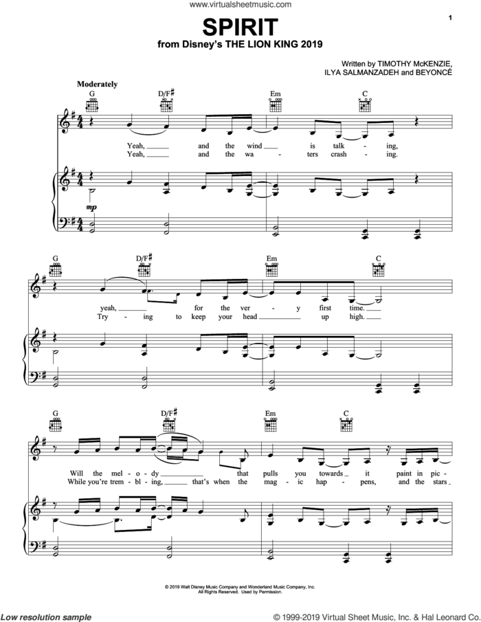 Spirit (from The Lion King 2019) sheet music for voice, piano or guitar by Beyonce, Ilya Salmanzadeh and Timothy McKenzie, intermediate skill level
