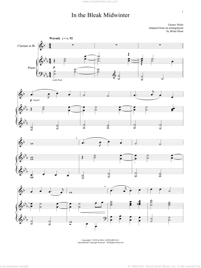 In The Bleak Midwinter sheet music for clarinet and piano by Gustav Holst and Christina Rossetti, intermediate skill level