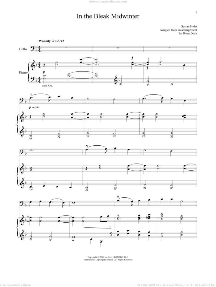 In The Bleak Midwinter sheet music for cello and piano by Gustav Holst and Christina Rossetti, intermediate skill level