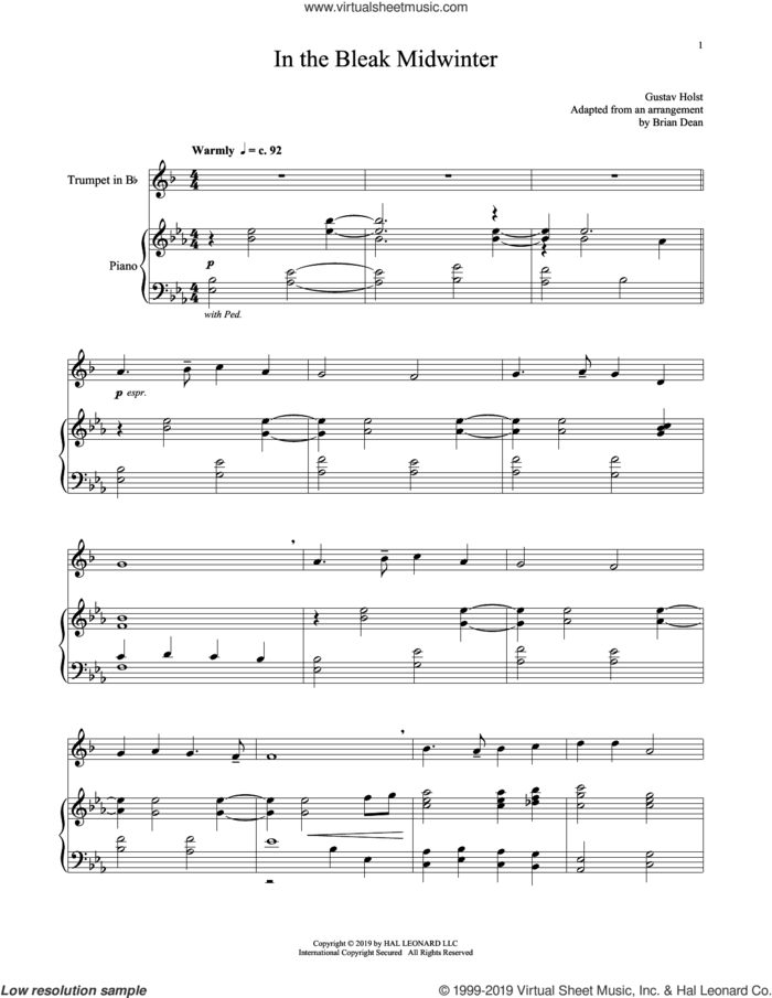In The Bleak Midwinter sheet music for trumpet and piano by Gustav Holst and Christina Rossetti, intermediate skill level