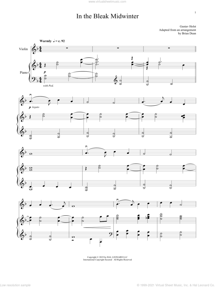In The Bleak Midwinter sheet music for violin and piano by Gustav Holst and Christina Rossetti, intermediate skill level