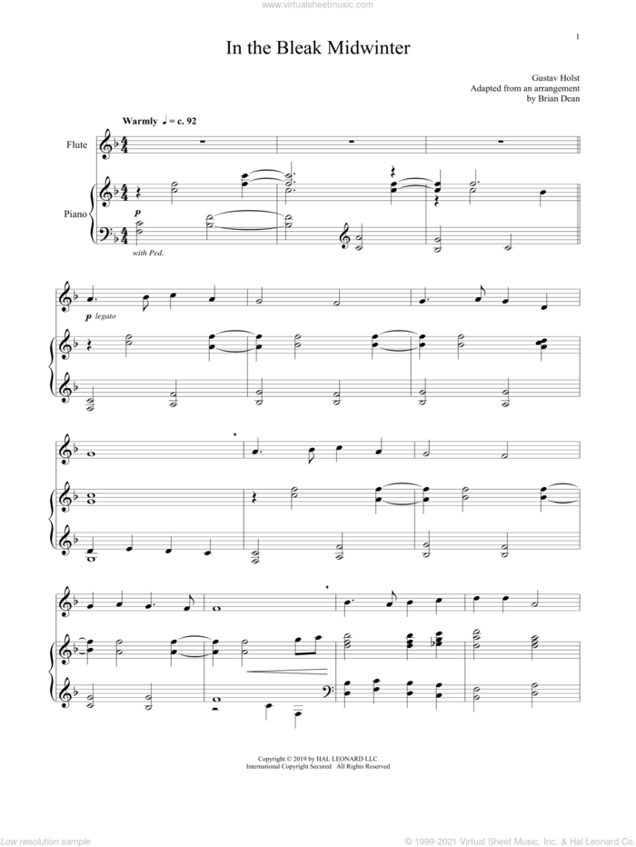 In The Bleak Midwinter sheet music for flute and piano by Gustav Holst and Christina Rossetti, intermediate skill level
