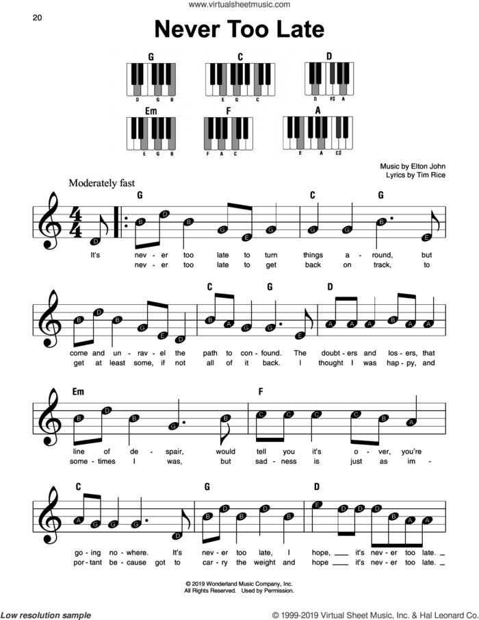 Never Too Late (from The Lion King 2019) sheet music for piano solo by Elton John and Tim Rice, beginner skill level