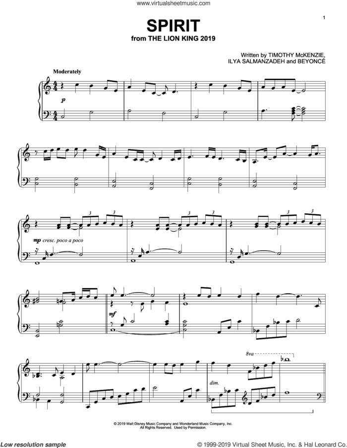 Spirit (from The Lion King 2019), (intermediate) sheet music for piano solo by Beyonce, Ilya Salmanzadeh and Timothy McKenzie, intermediate skill level