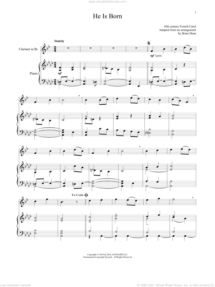 He Is Born sheet music for clarinet and piano, intermediate skill level