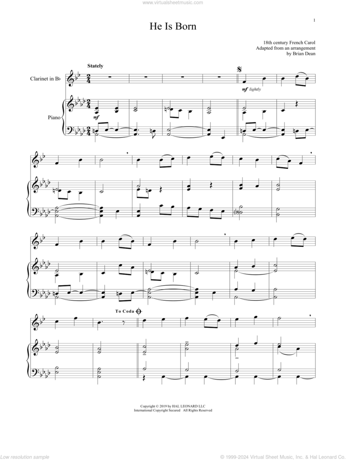 He Is Born sheet music for clarinet and piano, intermediate skill level