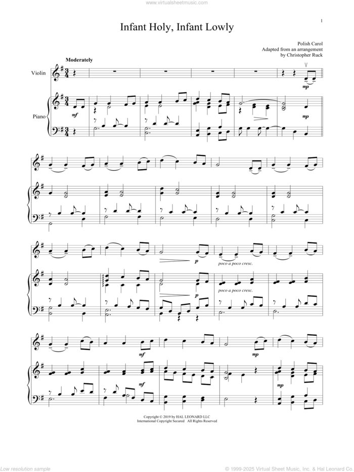 Infant Holy, Infant Lowly sheet music for violin and piano by Edith M.G. Reed and Miscellaneous, intermediate skill level