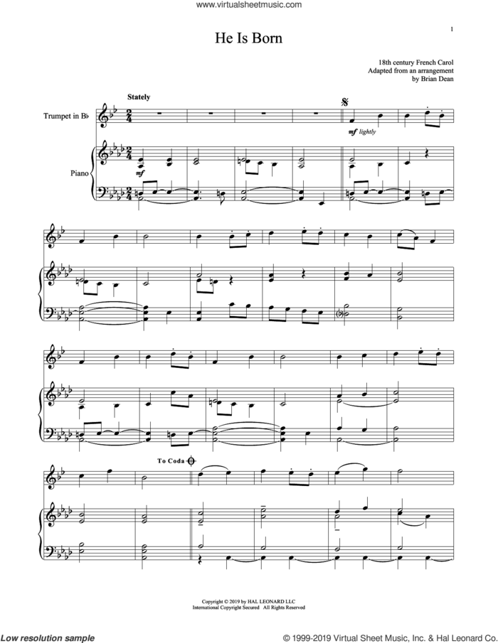 He Is Born sheet music for trumpet and piano, intermediate skill level