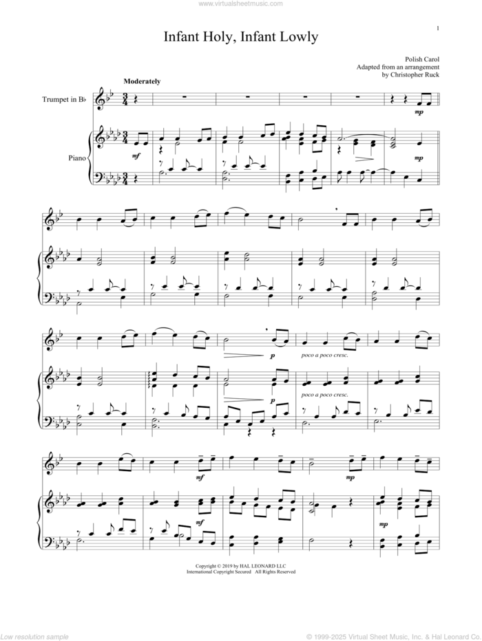 Infant Holy, Infant Lowly sheet music for trumpet and piano by Edith M.G. Reed and Miscellaneous, intermediate skill level