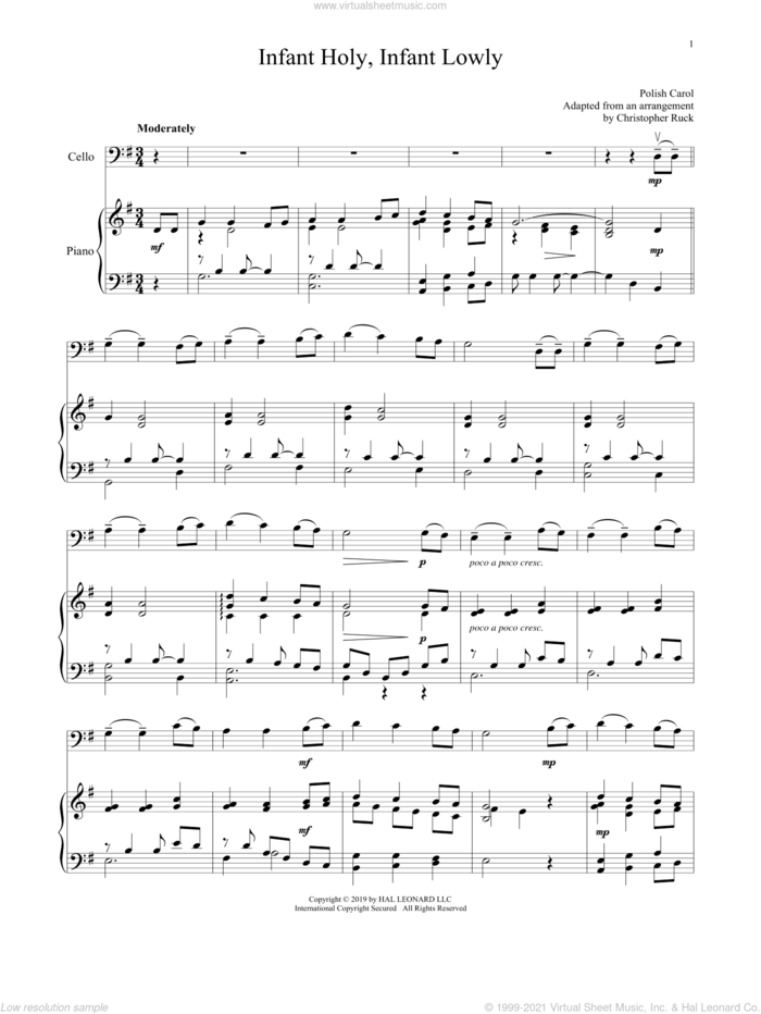Infant Holy, Infant Lowly sheet music for cello and piano by Edith M.G. Reed and Miscellaneous, intermediate skill level