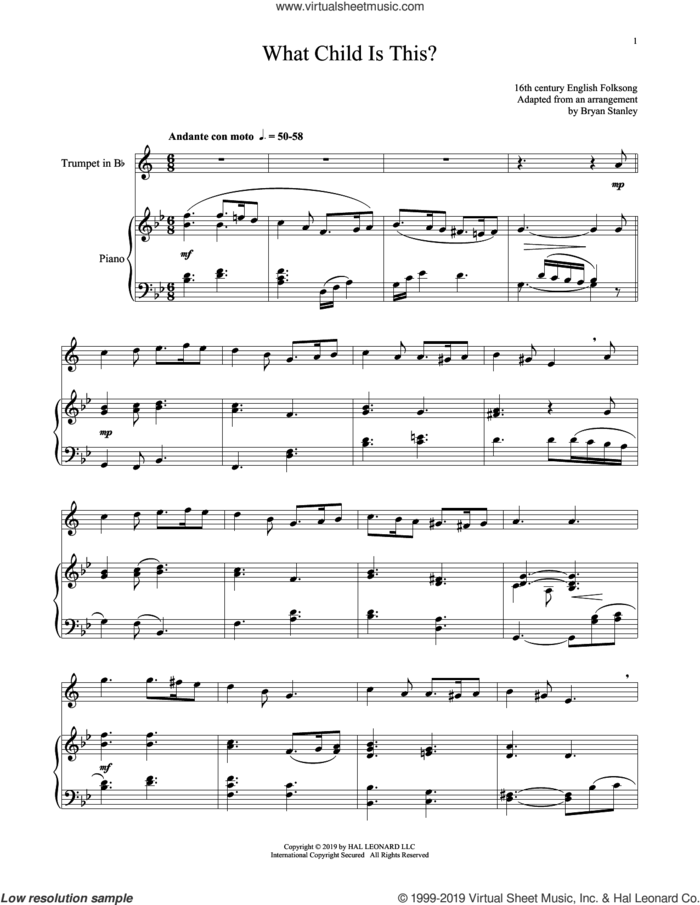What Child Is This? sheet music for trumpet and piano by William Chatterton Dix and Miscellaneous, intermediate skill level