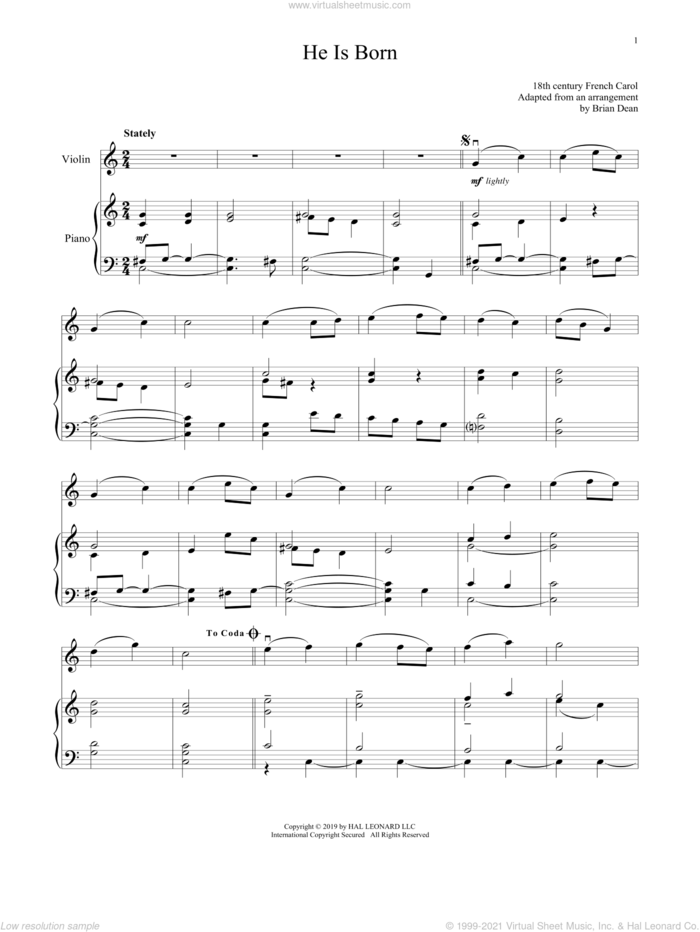 He Is Born sheet music for violin and piano, intermediate skill level