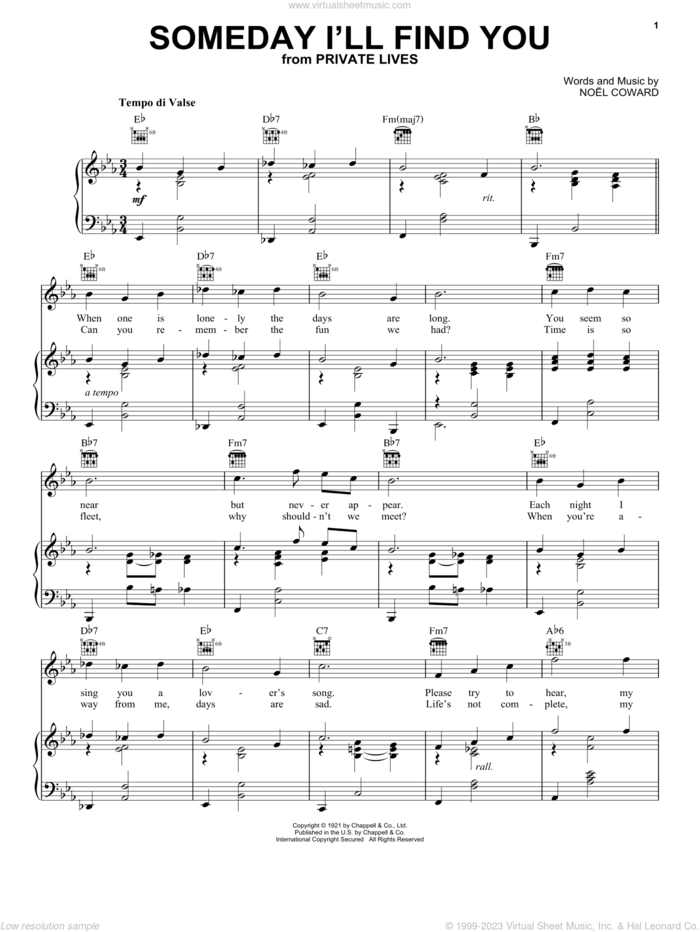 Someday I'll Find You sheet music for voice, piano or guitar by Noel Coward, intermediate skill level