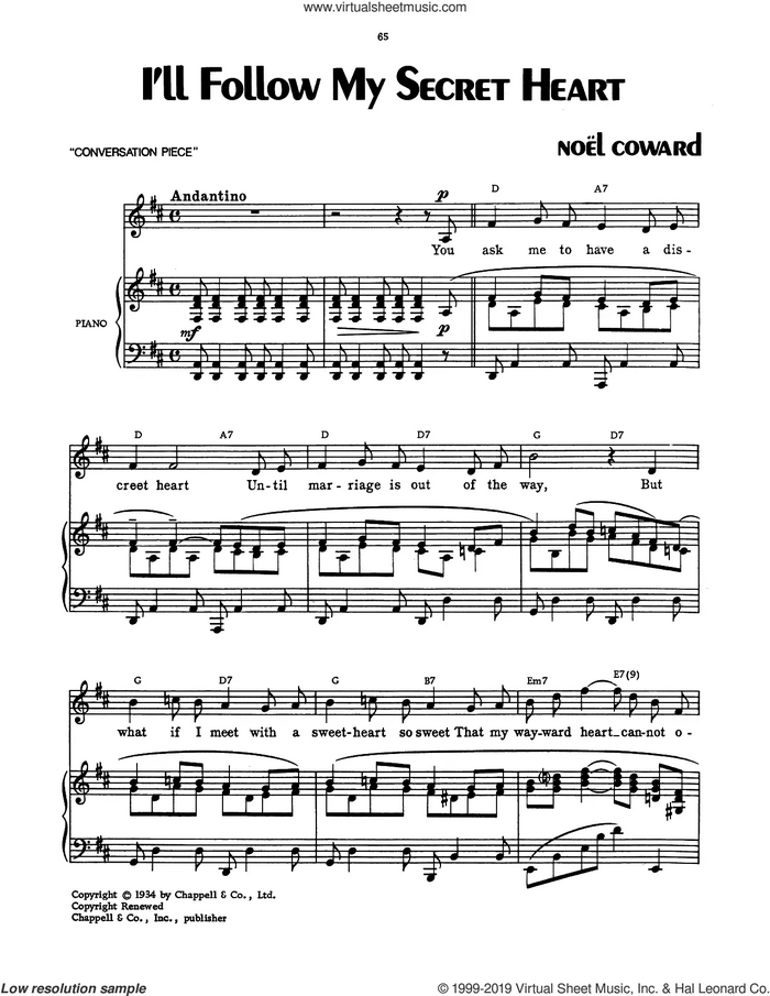 I'll Follow My Secret Heart sheet music for voice, piano or guitar by Noel Coward, classical score, intermediate skill level