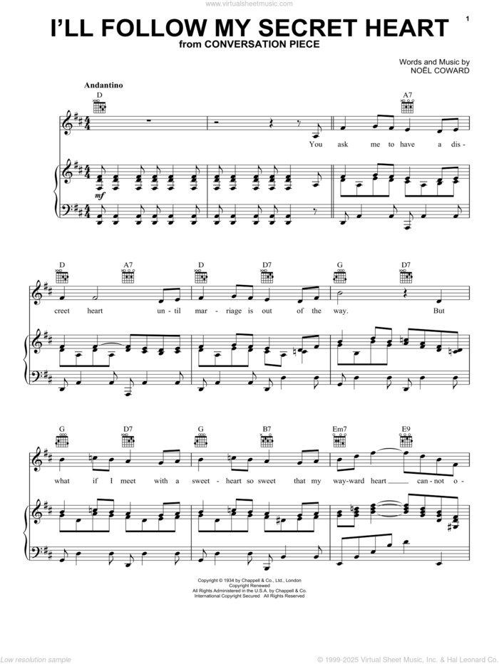 I'll Follow My Secret Heart sheet music for voice, piano or guitar by Noel Coward, classical score, intermediate skill level