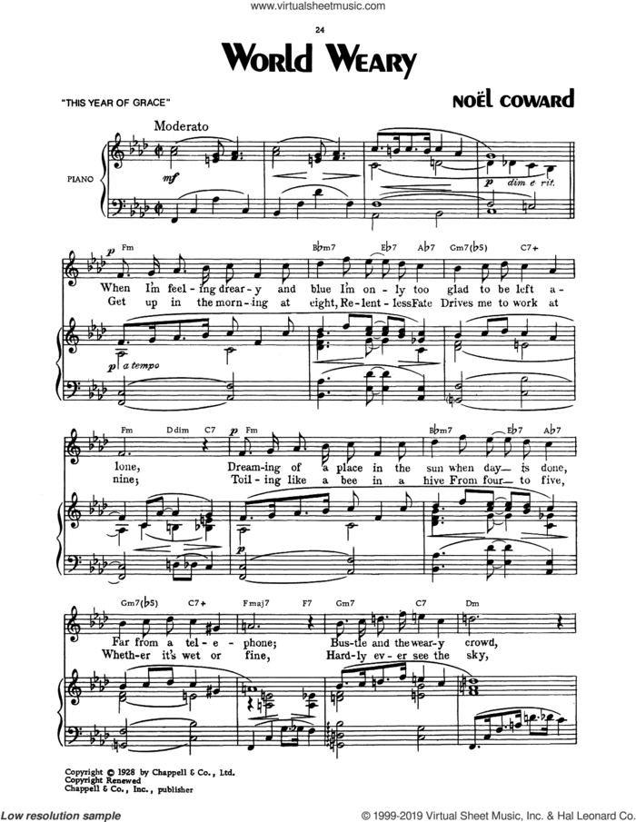 World Weary sheet music for voice, piano or guitar by Noel Coward, intermediate skill level