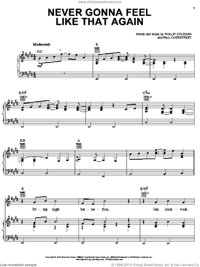 Never Gonna Feel Like That Again sheet music for voice, piano or guitar by Kenny Chesney, Paul Overstreet and Phillip Coleman, intermediate skill level