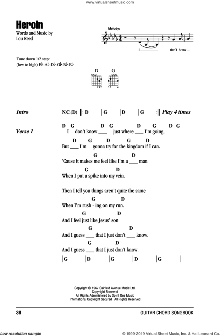 Heroin sheet music for guitar (chords) by The Velvet Underground and Lou Reed, intermediate skill level