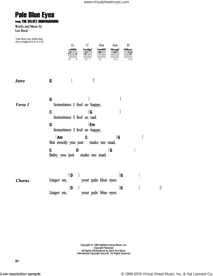 Pale Blue Eyes sheet music for guitar (chords) by The Velvet Underground and Lou Reed, intermediate skill level