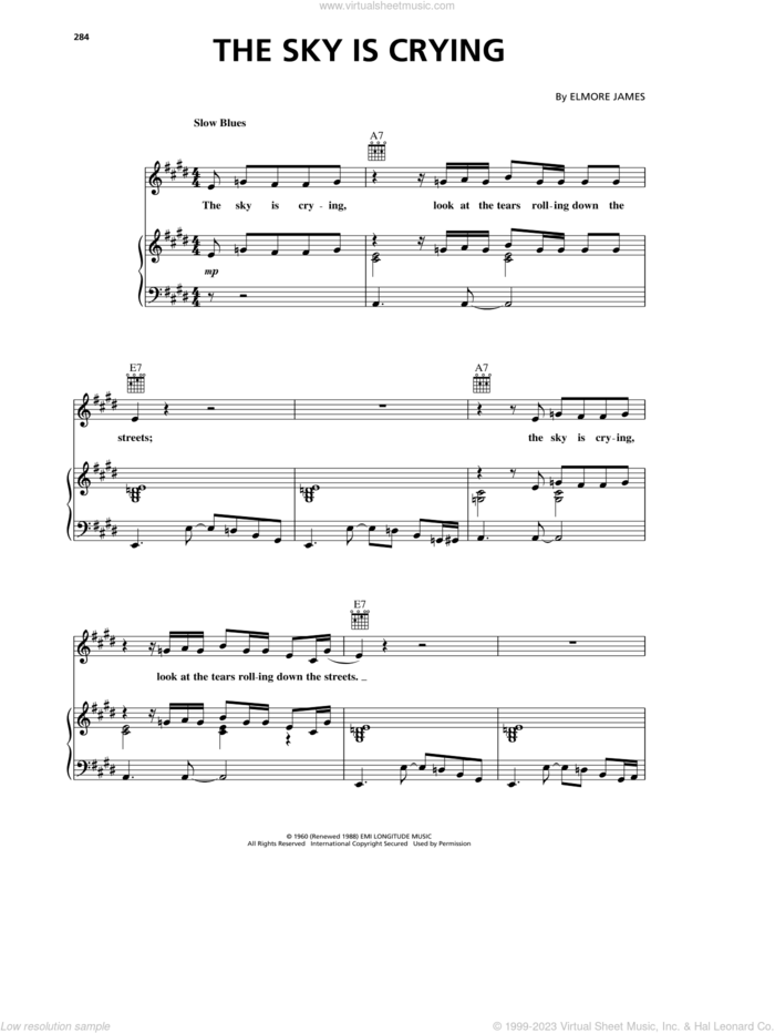 The Sky Is Crying sheet music for voice, piano or guitar by Eric Clapton and Elmore James, intermediate skill level
