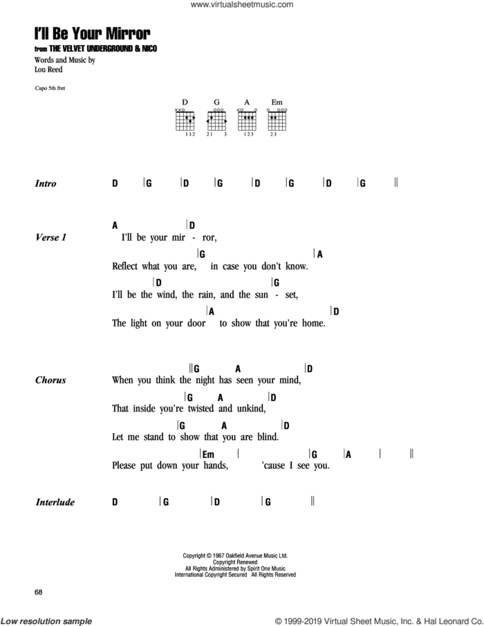 I'll Be Your Mirror sheet music for guitar (chords) by The Velvet Underground and Lou Reed, intermediate skill level