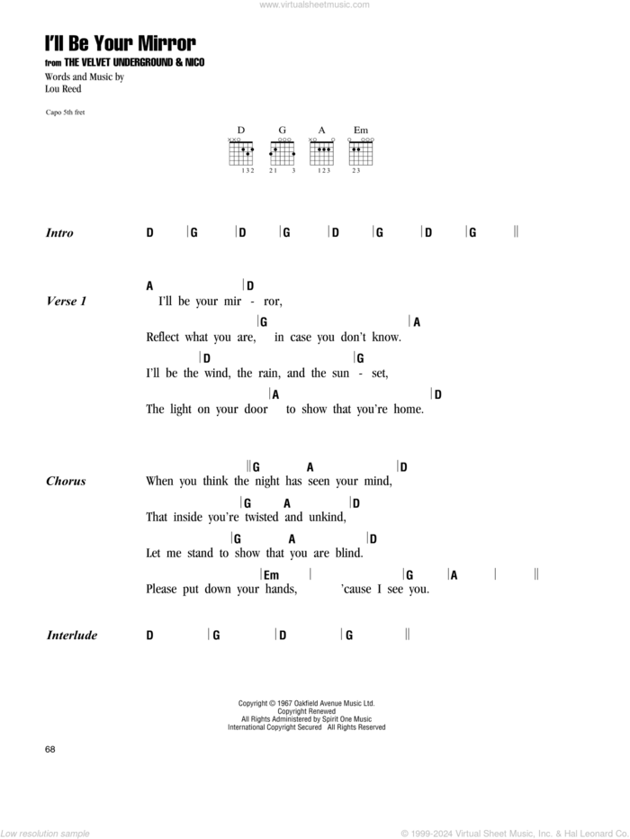 I'll Be Your Mirror sheet music for guitar (chords) by The Velvet Underground and Lou Reed, intermediate skill level