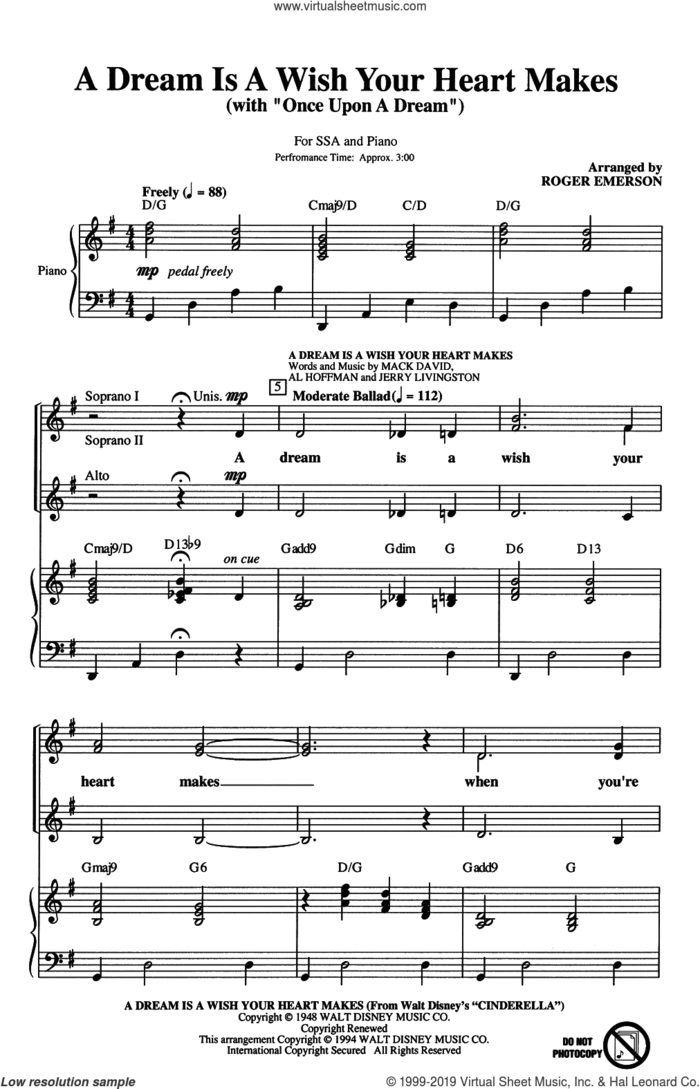 A Dream Is A Wish Your Heart Makes (with 'Once Upon A Dream') sheet music for choir (SSA: soprano, alto) by Al Hoffman, Roger Emerson, Jerry Livingston and Mack David, wedding score, intermediate skill level