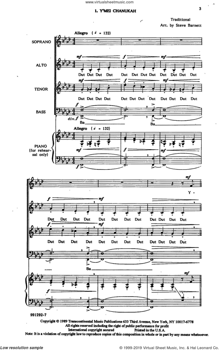 Y'mei Chanukah Rehearsal Piano sheet music for choir (SATB: soprano, alto, tenor, bass) by Steve Barnett, classical score, intermediate skill level