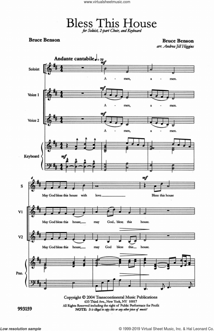 Bless This House sheet music for choir (2-Part) by Andrea Jill Higgins and Bruce Benson, intermediate duet