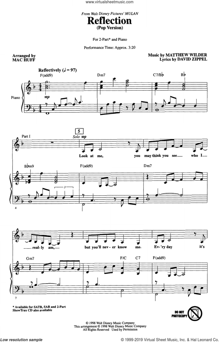 Reflection (Pop Version) (from Mulan) (arr. Mac Huff) sheet music for choir (2-Part) by Christina Aguilera, Mac Huff, David Zippel and Matthew Wilder, intermediate duet