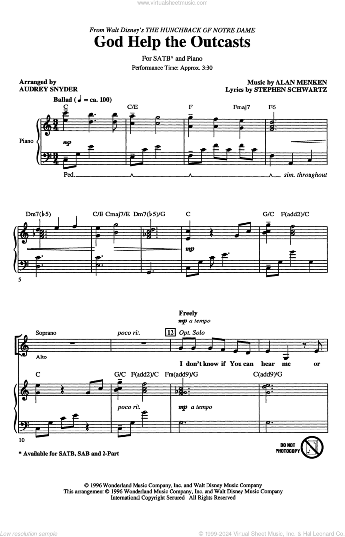 God Help The Outcasts (from The Hunchback Of Notre Dame) (arr. Audrey Snyder) sheet music for choir (SATB: soprano, alto, tenor, bass) by Bette Midler, Audrey Snyder, Alan Menken and Stephen Schwartz, intermediate skill level