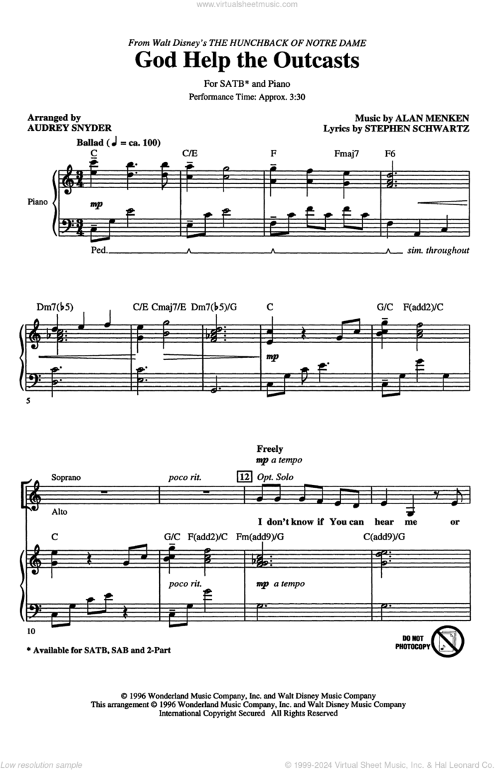 God Help The Outcasts (from The Hunchback Of Notre Dame) (arr. Audrey Snyder) sheet music for choir (SATB: soprano, alto, tenor, bass) by Bette Midler, Audrey Snyder, Alan Menken and Stephen Schwartz, intermediate skill level