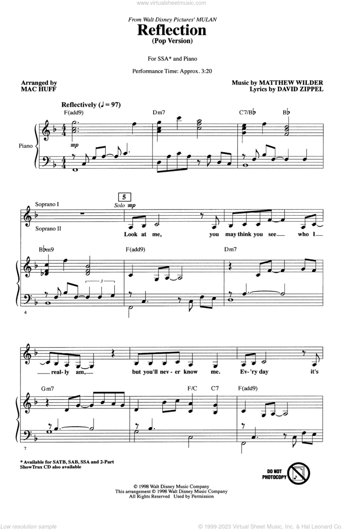 Reflection (Pop Version) (from Mulan) (arr. Mac Huff) sheet music for choir (SSA: soprano, alto) by Christina Aguilera, Mac Huff, David Zippel and Matthew Wilder, intermediate skill level
