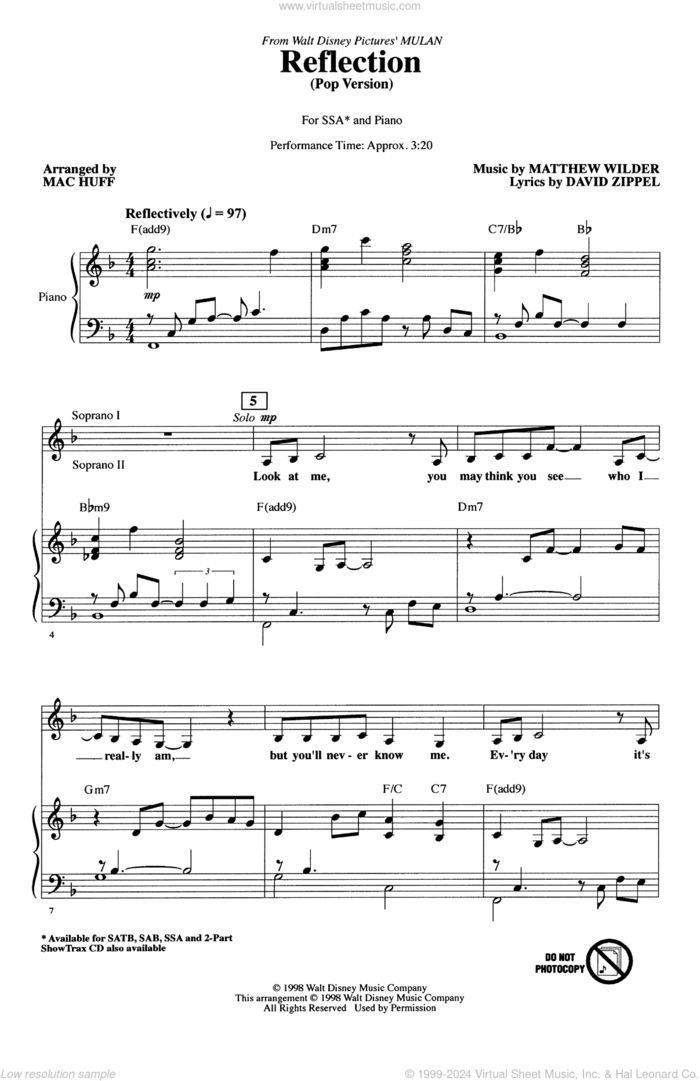 Reflection (Pop Version) (from Mulan) (arr. Mac Huff) sheet music for choir (SSA: soprano, alto) by Christina Aguilera, Mac Huff, David Zippel and Matthew Wilder, intermediate skill level