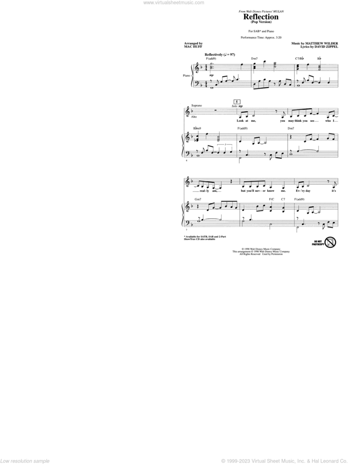 Reflection (Pop Version) (from Mulan) (arr. Mac Huff) sheet music for choir (SAB: soprano, alto, bass) by Christina Aguilera, Mac Huff, David Zippel and Matthew Wilder, intermediate skill level