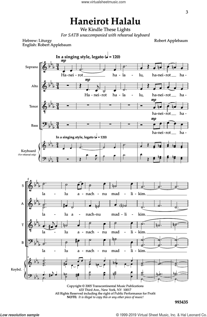 Haneirot Halalu (We Kindle These Lights) sheet music for choir (SATB: soprano, alto, tenor, bass) by Robert Applebaum, intermediate skill level