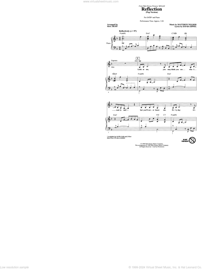 Reflection (Pop Version) (from Mulan) (arr. Mac Huff) sheet music for choir (SATB: soprano, alto, tenor, bass) by Christina Aguilera, Mac Huff, David Zippel and Matthew Wilder, intermediate skill level