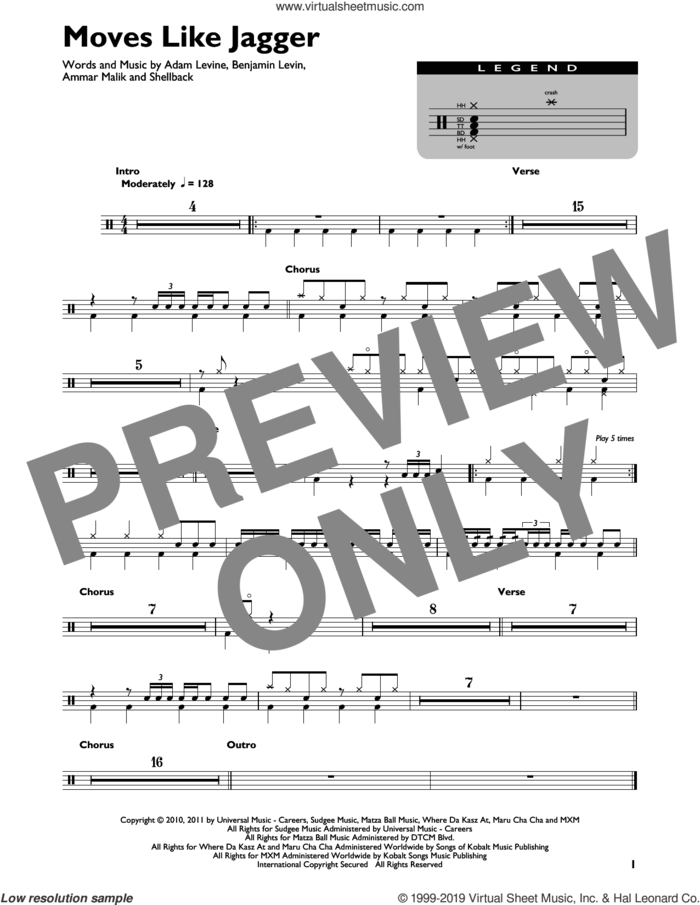 Moves Like Jagger (feat. Christina Aguilera) sheet music for drums (percussions) by Maroon 5, Adam Levine, Ammar Malik, Benjamin Levin and Shellback, intermediate skill level