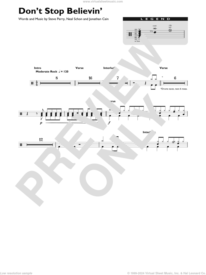 Don't Stop Believin' sheet music for drums (percussions) by Journey, Jonathan Cain, Neal Schon and Steve Perry, intermediate skill level