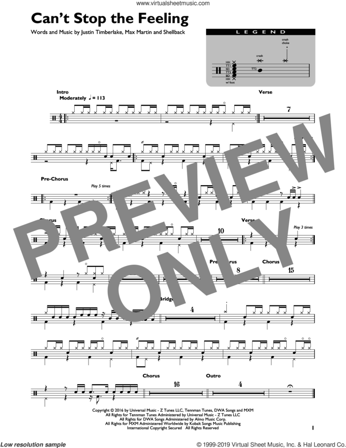 Can't Stop The Feeling! sheet music for drums (percussions) by Justin Timberlake, Johan Schuster, Max Martin and Shellback, intermediate skill level