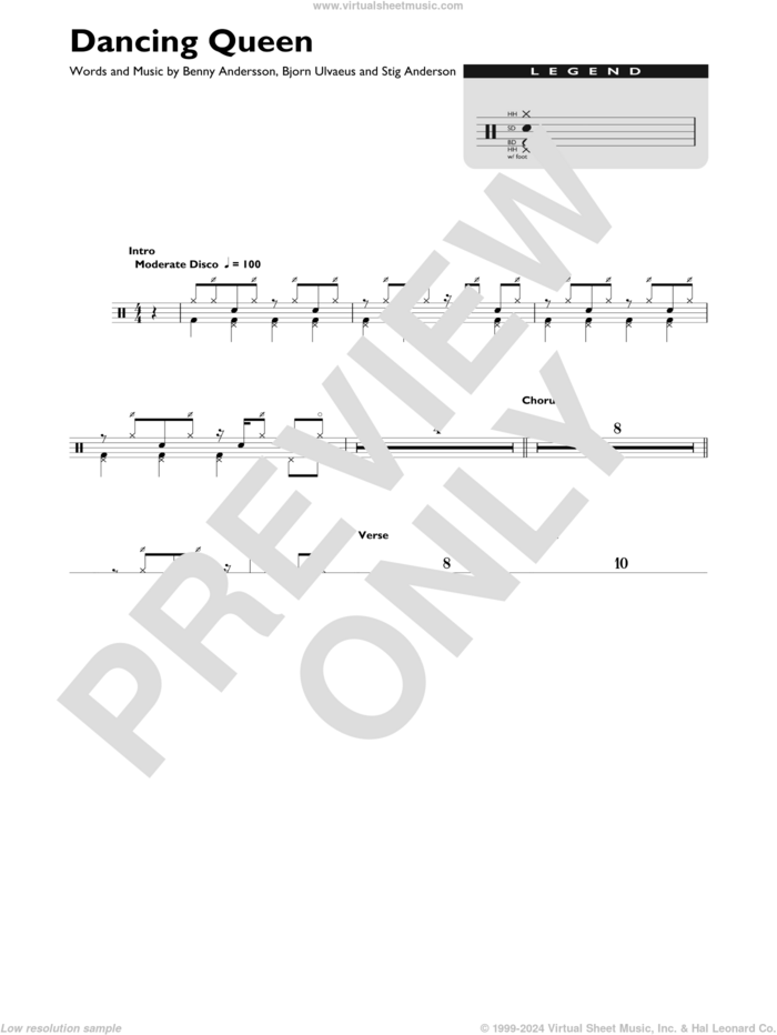 Dancing Queen sheet music for drums (percussions) by ABBA, Benny Andersson, Bjorn Ulvaeus and Stig Anderson, intermediate skill level