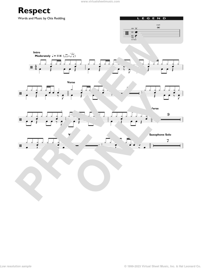 Respect sheet music for drums (percussions) by Aretha Franklin and Otis Redding, intermediate skill level