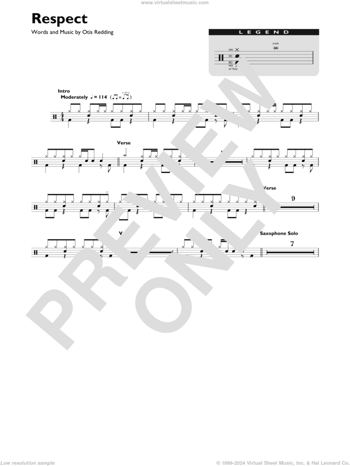 Respect sheet music for drums (percussions) by Aretha Franklin and Otis Redding, intermediate skill level