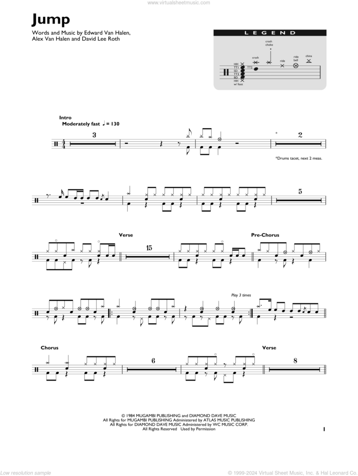 Jump sheet music for drums (percussions) by Edward Van Halen, Alex Van Halen and David Lee Roth, intermediate skill level