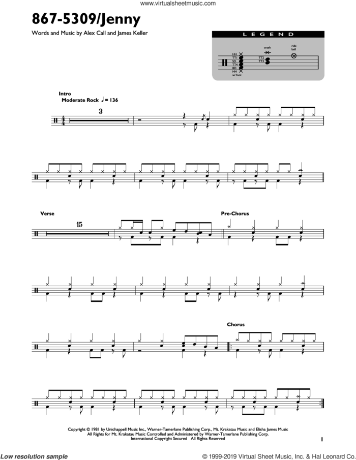 867-5309/Jenny sheet music for drums (percussions) by Tommy Tutone, Alex Call and James Keller, intermediate skill level