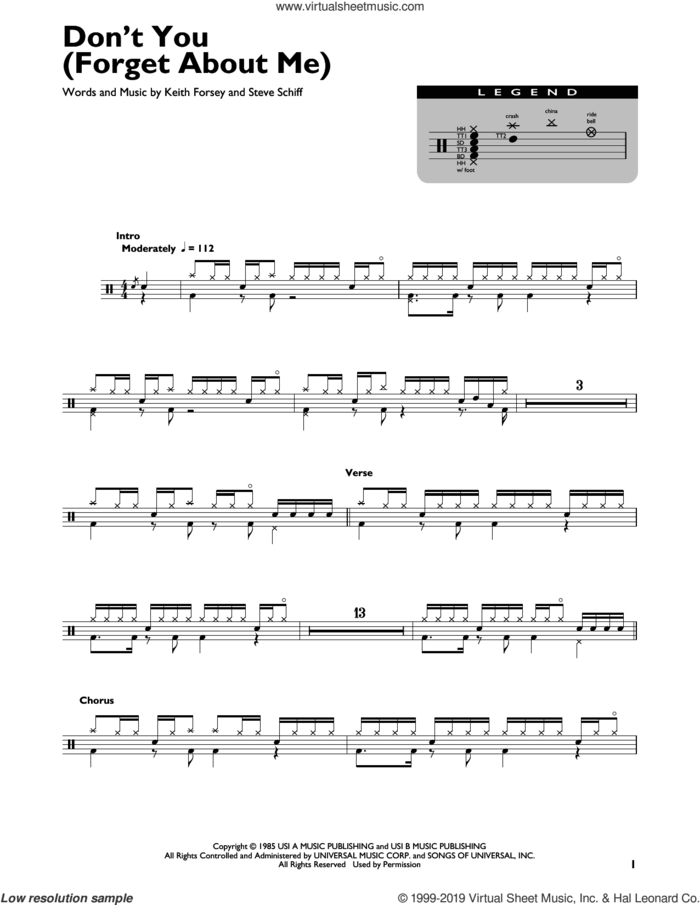 Don't You (Forget About Me) sheet music for drums (percussions) by Simple Minds, Hawk Nelson, Keith Forsey and Steve Schiff, intermediate skill level