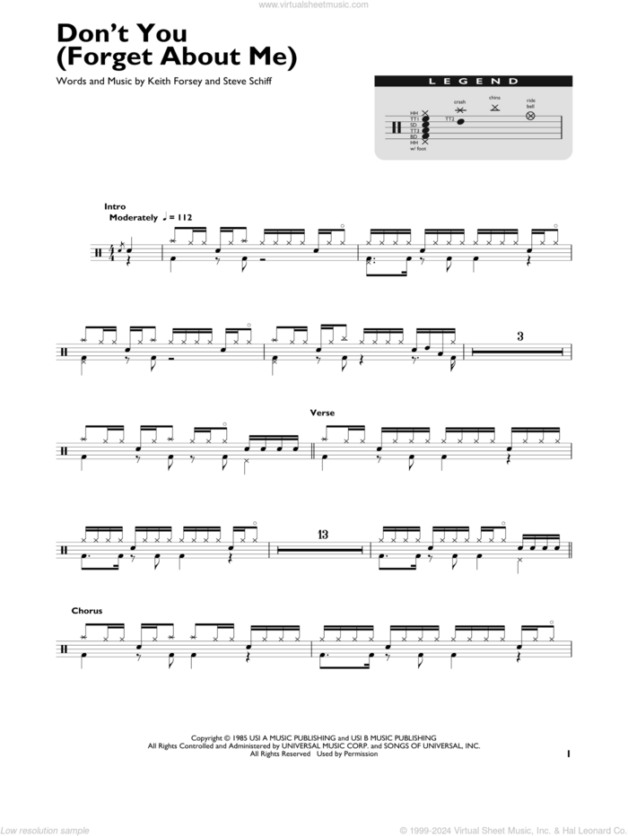 Don't You (Forget About Me) sheet music for drums (percussions) by Simple Minds, Hawk Nelson, Keith Forsey and Steve Schiff, intermediate skill level