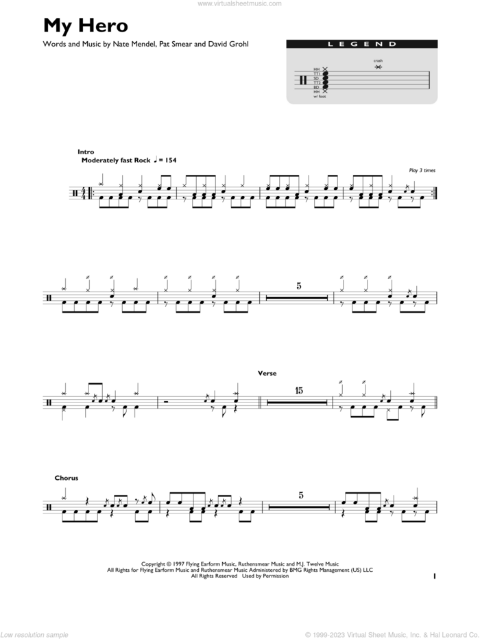 My Hero sheet music for drums (percussions) by Foo Fighters, Dave Grohl, Nate Mendel and Pat Smear, intermediate skill level
