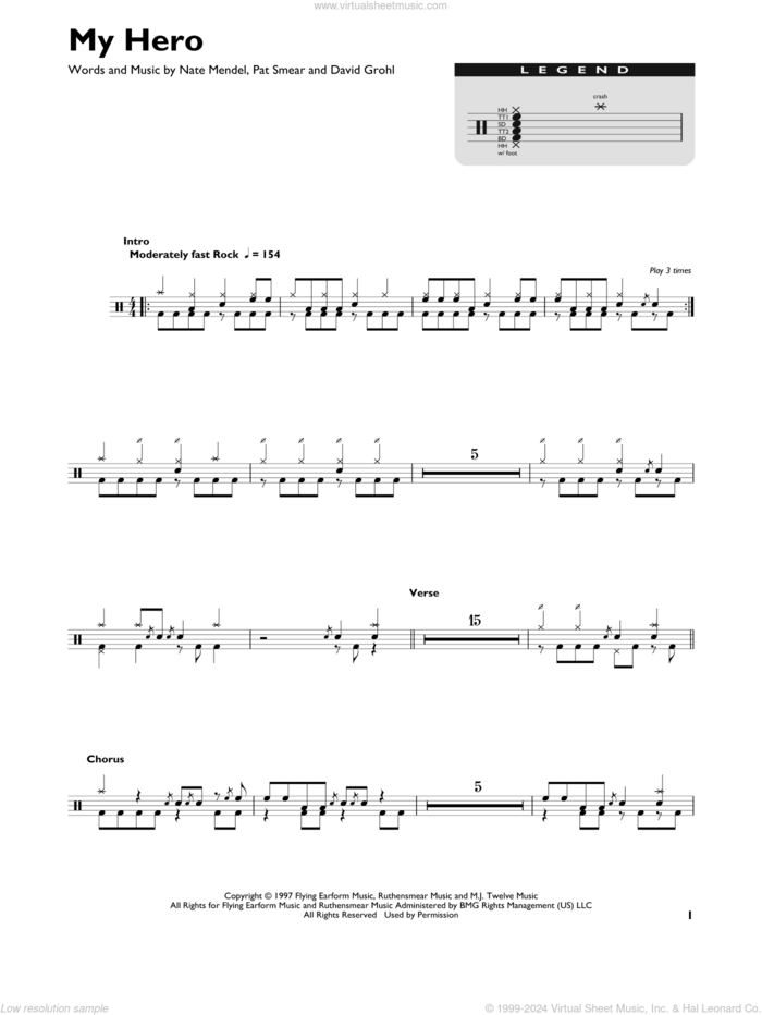 My Hero sheet music for drums (percussions) by Foo Fighters, Dave Grohl, Nate Mendel and Pat Smear, intermediate skill level