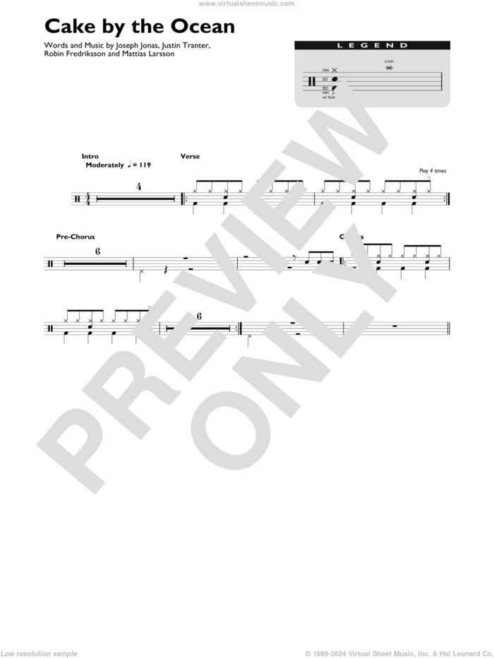 Cake By The Ocean sheet music for drums (percussions) by DNCE, Joseph Jonas, Justin Tranter, Mattias Larsson, Robin Fredricksson and Robin Fredriksson, intermediate skill level